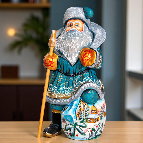 Father Christmas wooden figurine 9.7 inch, winter village scene, bird lovers decor