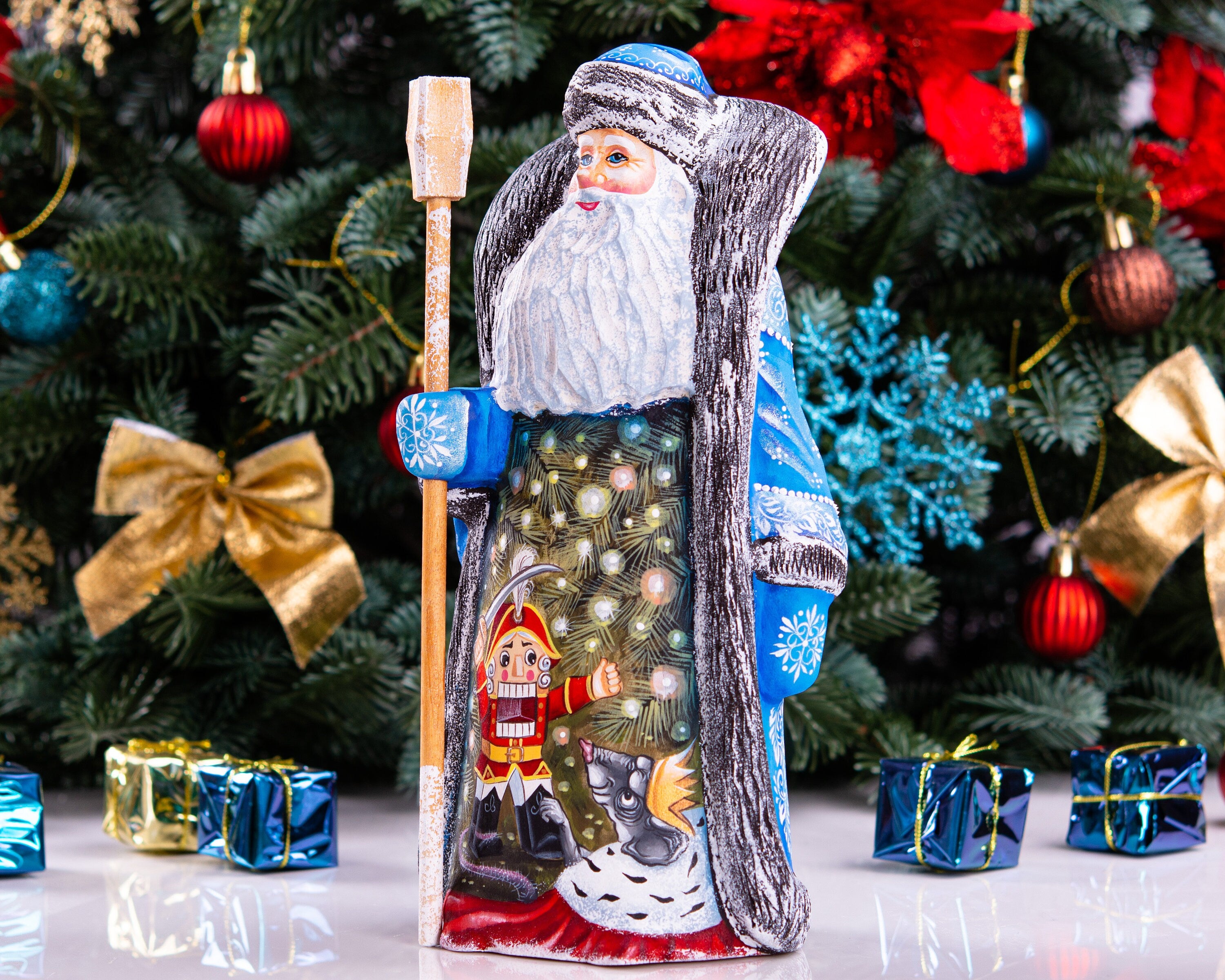 Hand carved wooden Santa figurine 9.4 inch, Nutcracker scene, blue coat, holiday mantel display