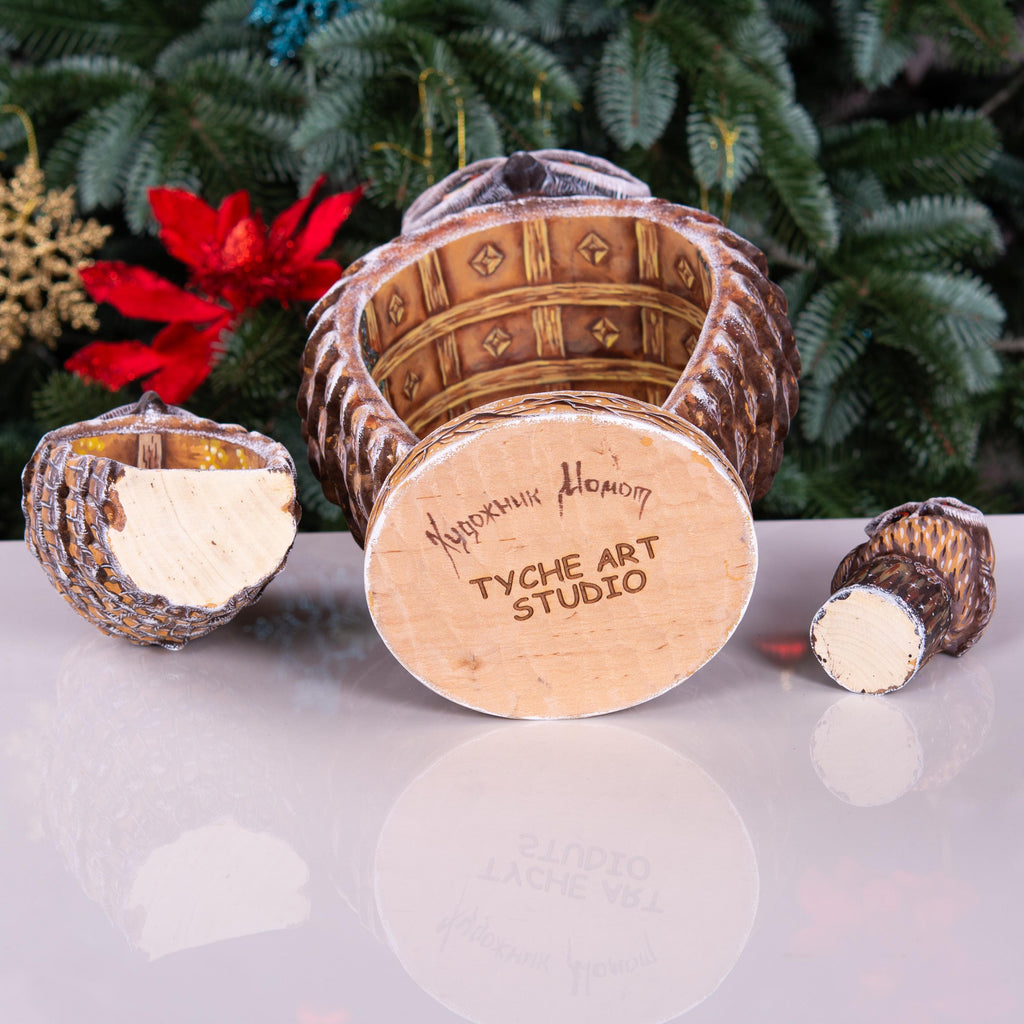 Hand Carved Christmas Owl Figurines: Wooden Nesting Set with Hand-Painted Fireplace Interiors