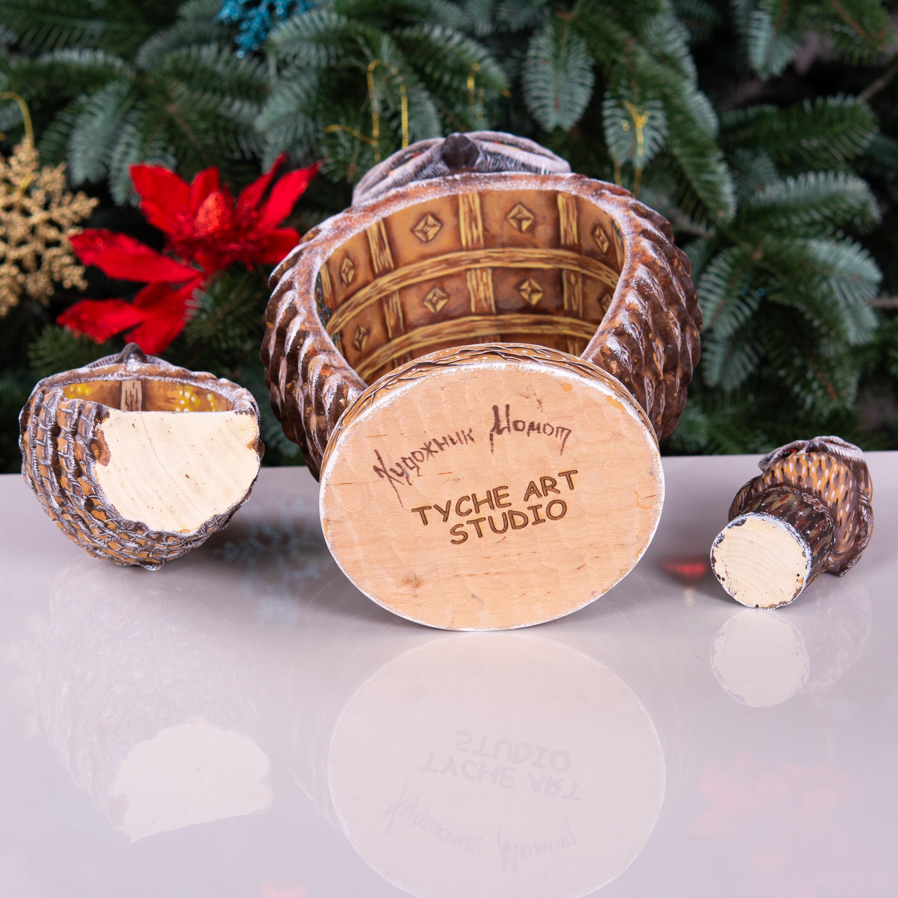 Hand Carved Christmas Owl Figurines: Wooden Nesting Set with Hand-Painted Fireplace Interiors