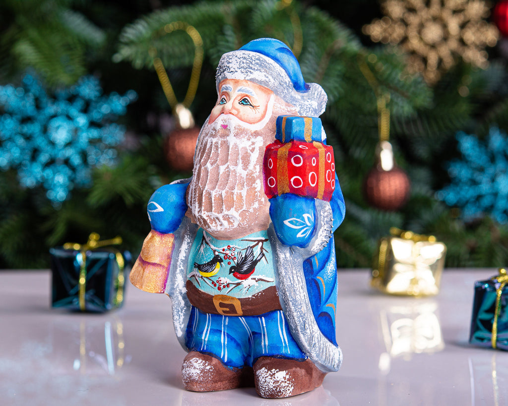 Santa Figurine Hand Carved Wood Bell and Gifts Bird Accents 5.5″