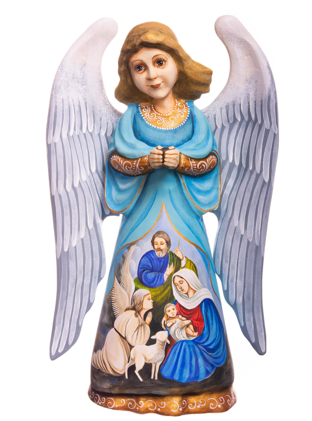 Hand carved angel figurine 9 inch, Holy Family Nativity Scene Mantel display