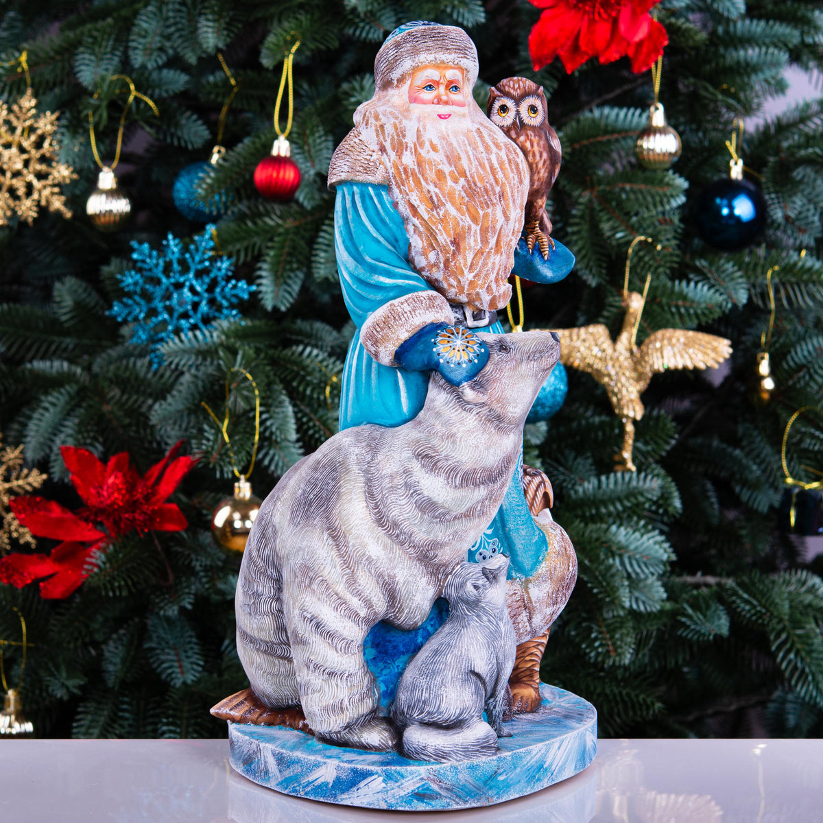 Hand carved Old-World Santa wooden figurine 14 inch, Arctic wildlife scene, mantel decor