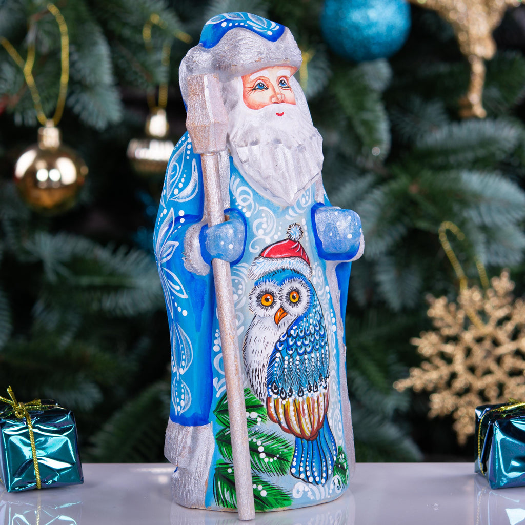 Hand carved blue Santa figurine 7 inch, owl painting, Nordic folk art centerpiece