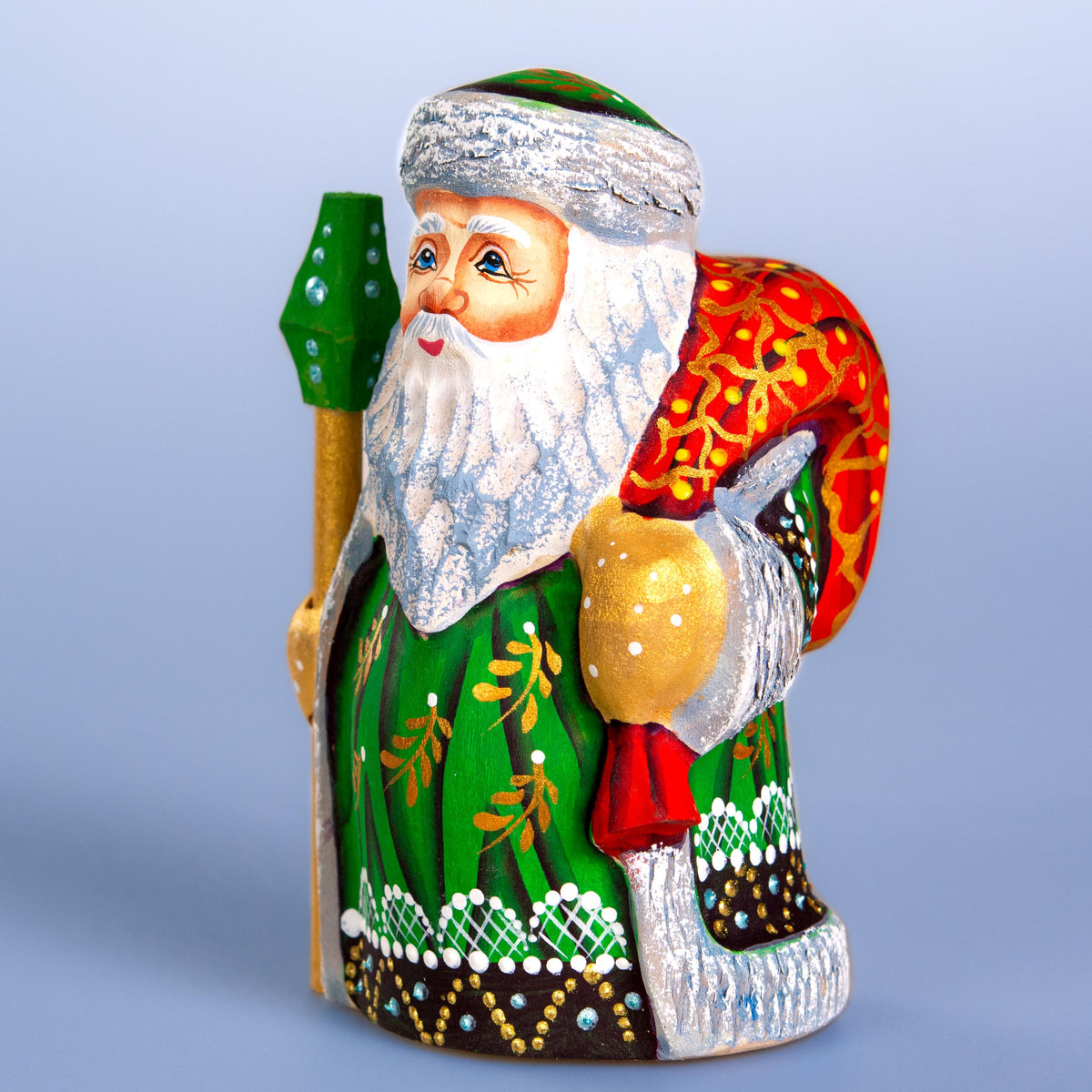 Hand carved Santa wooden figurine 5.1 inch, green coat shelf decor