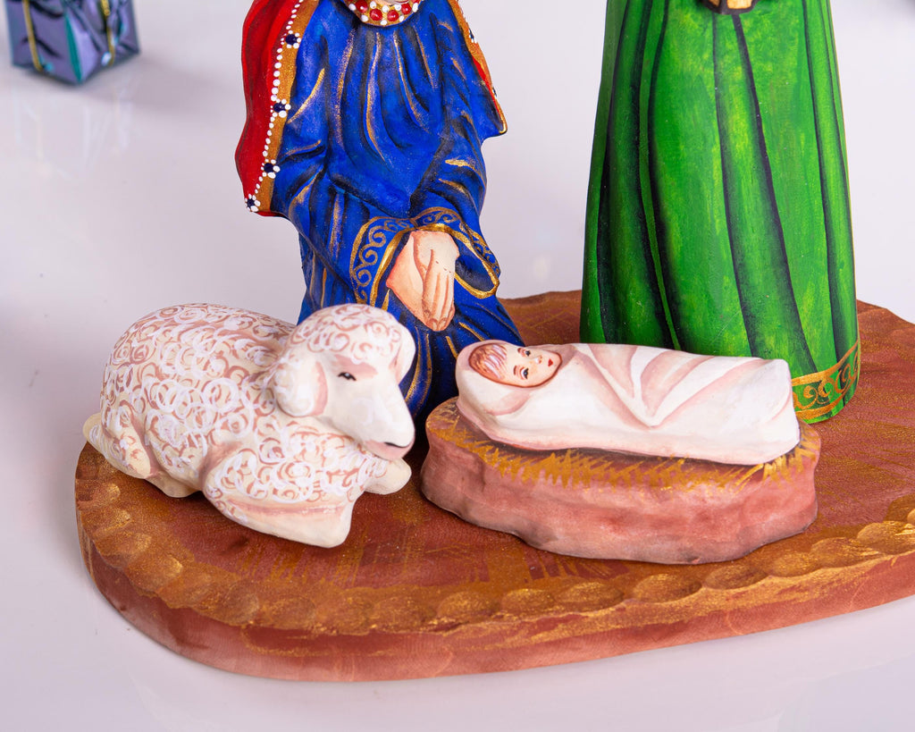 Holy Family Figurine 9.4", Hand Painted Wood, Manger Scene, Christian Mantel Decor