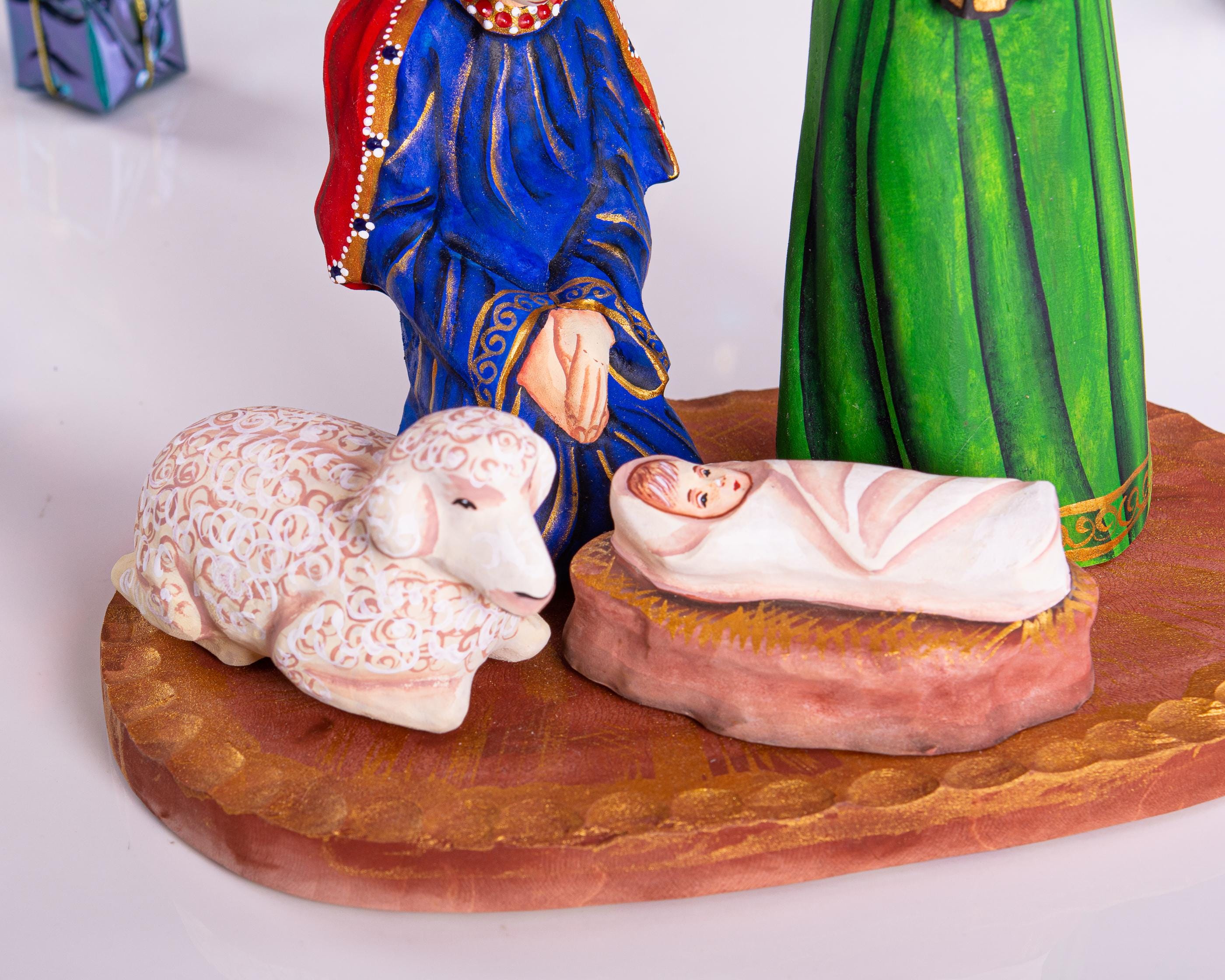 Holy Family Figurine 9.4", Hand Painted Wood, Manger Scene, Christian Mantel Decor