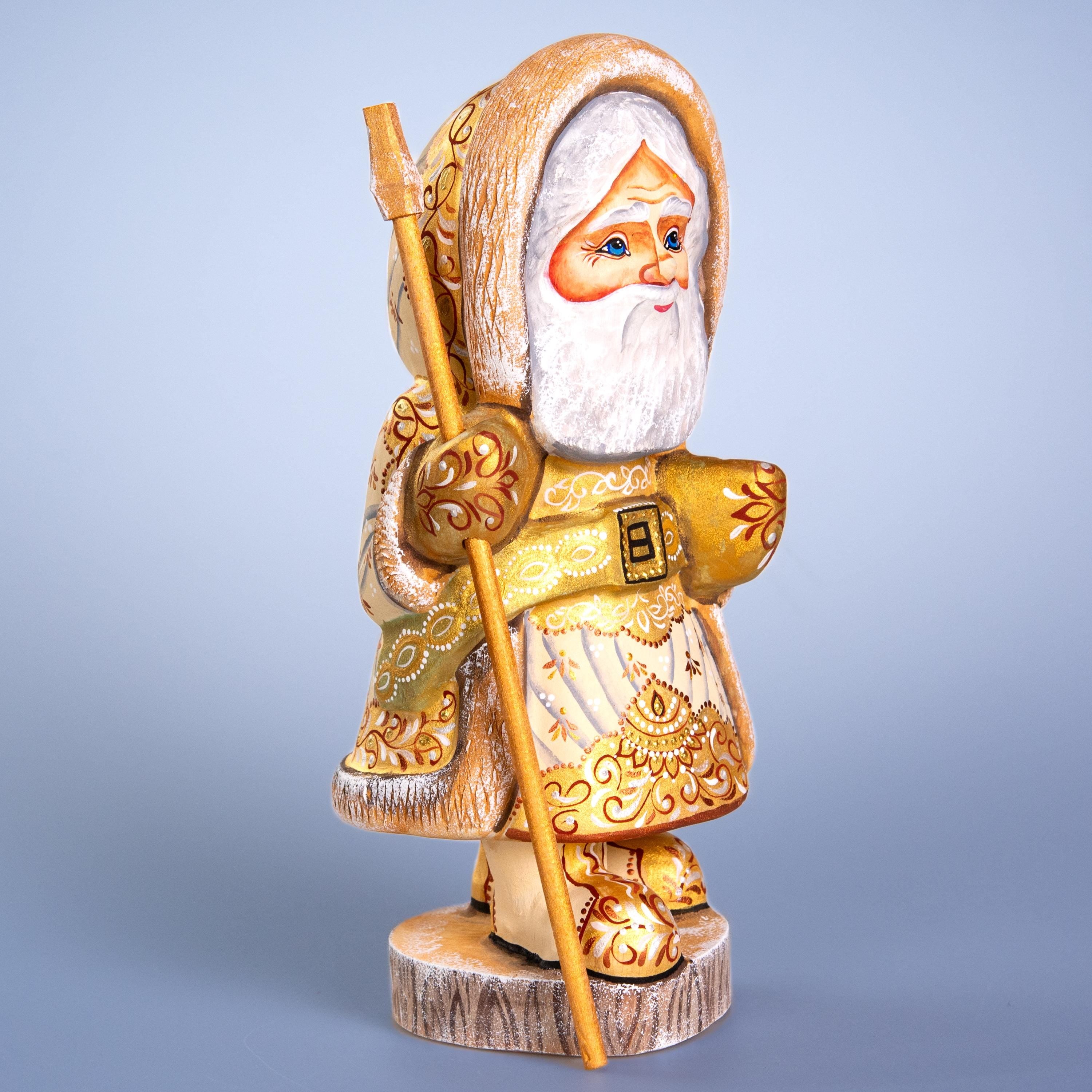 Russian Santa wooden figurine 11 inch, ivory coat, hand painted folk art collectible