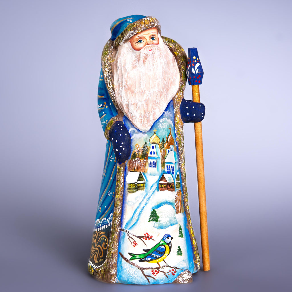 Hand Carved Wooden Santa Figurine 9 inch, Blue Coat, Winter Church