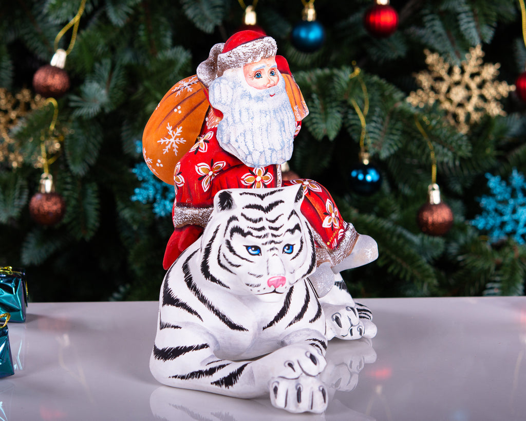 Hand carved wooden Santa riding white tiger figurine, unique Christmas home decor