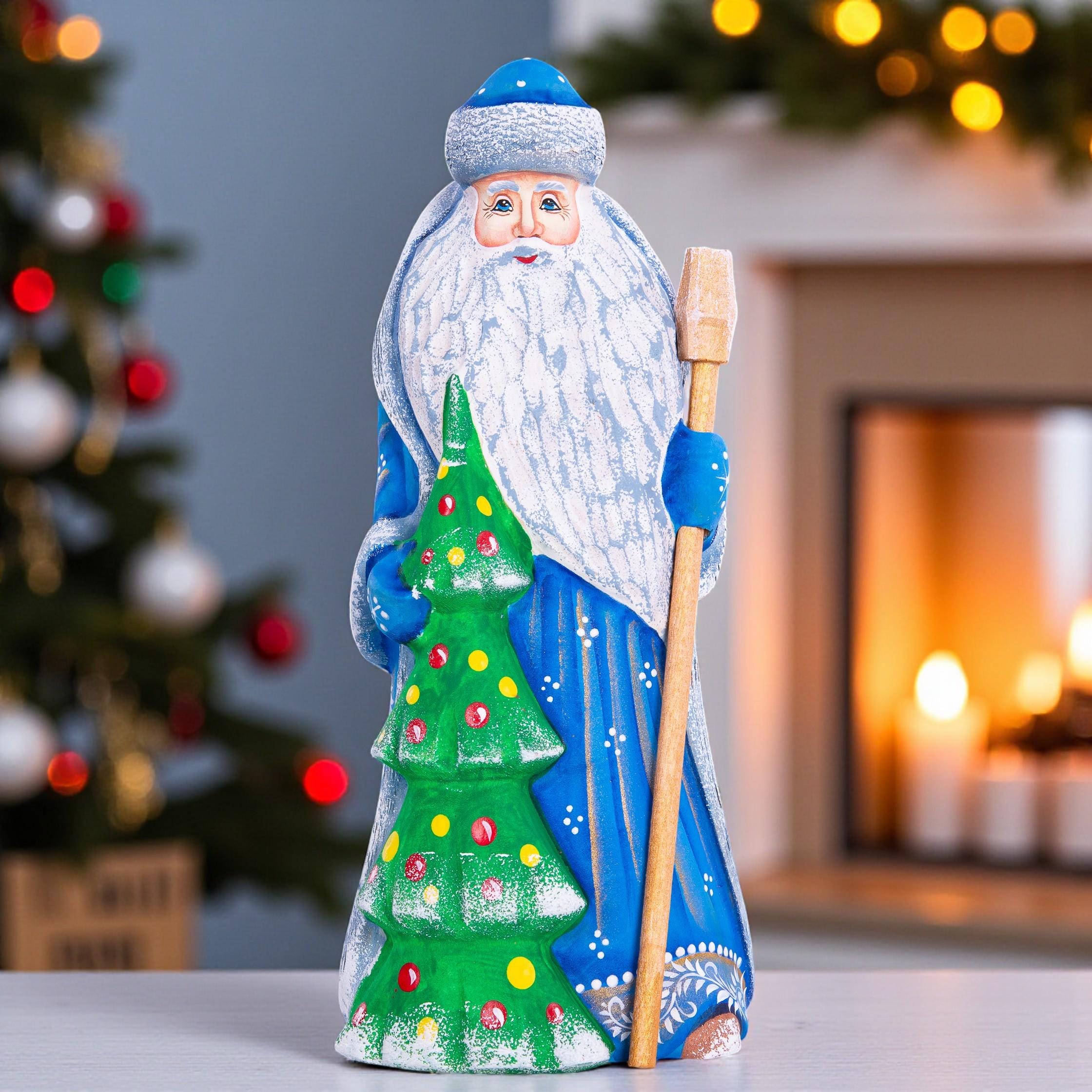 Carved wooden Santa figurine 9 inch, decorated tree, traditional Christmas gift mantel centerpiece