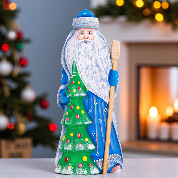 Carved wooden Santa figurine 9 inch, decorated tree, traditional Christmas gift mantel centerpiece