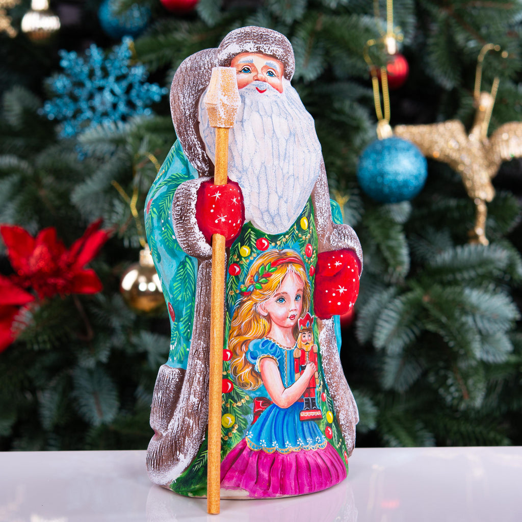 Santa figurine with staff, girl holding nutcracker, hand painted, 9.4 inch