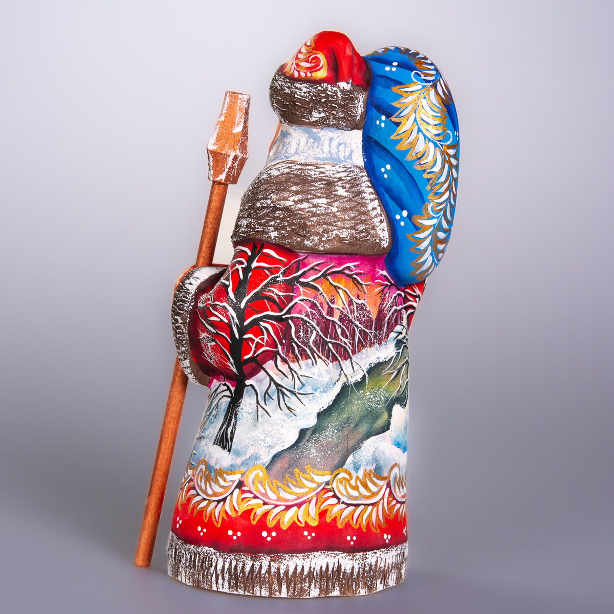 Hand painted Santa wooden figurine 8 inch, village snow scene with birds, shelf decor