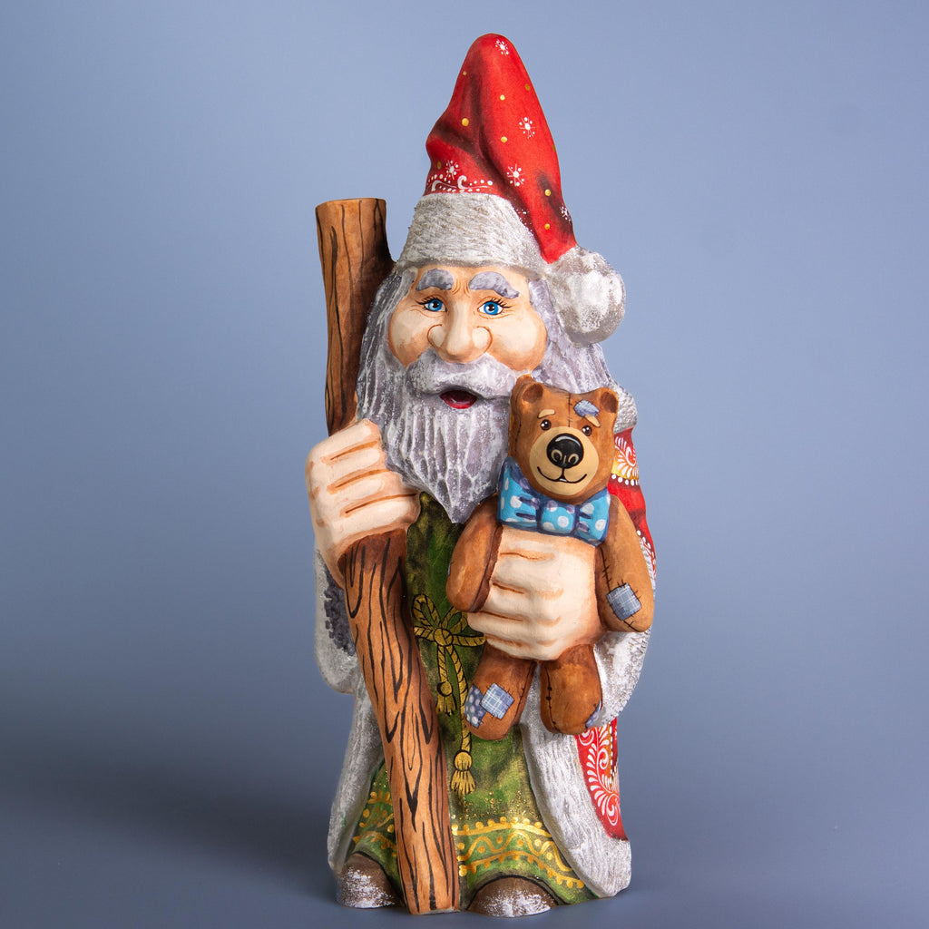Hand carved wooden Santa figurine 10 inch, teddy bear gift, holiday mantel display
