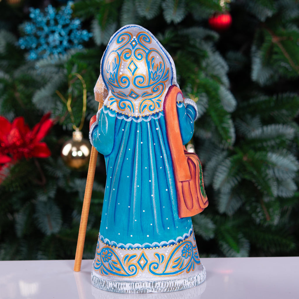 Hand carved Santa statue 9 inch, blue coat, child and teddy