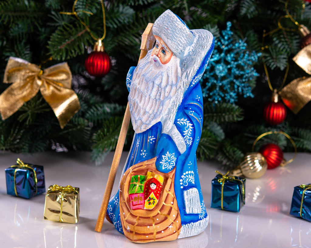 Hand carved blue Santa wooden figurine 8 inch, matryoshka toy sack, staff holiday centerpiece