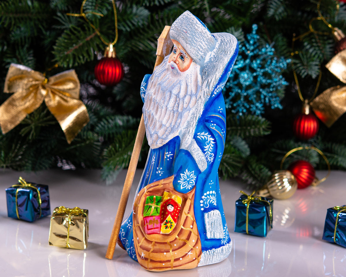 Hand carved blue Santa wooden figurine 8 inch, matryoshka toy sack, staff holiday centerpiece