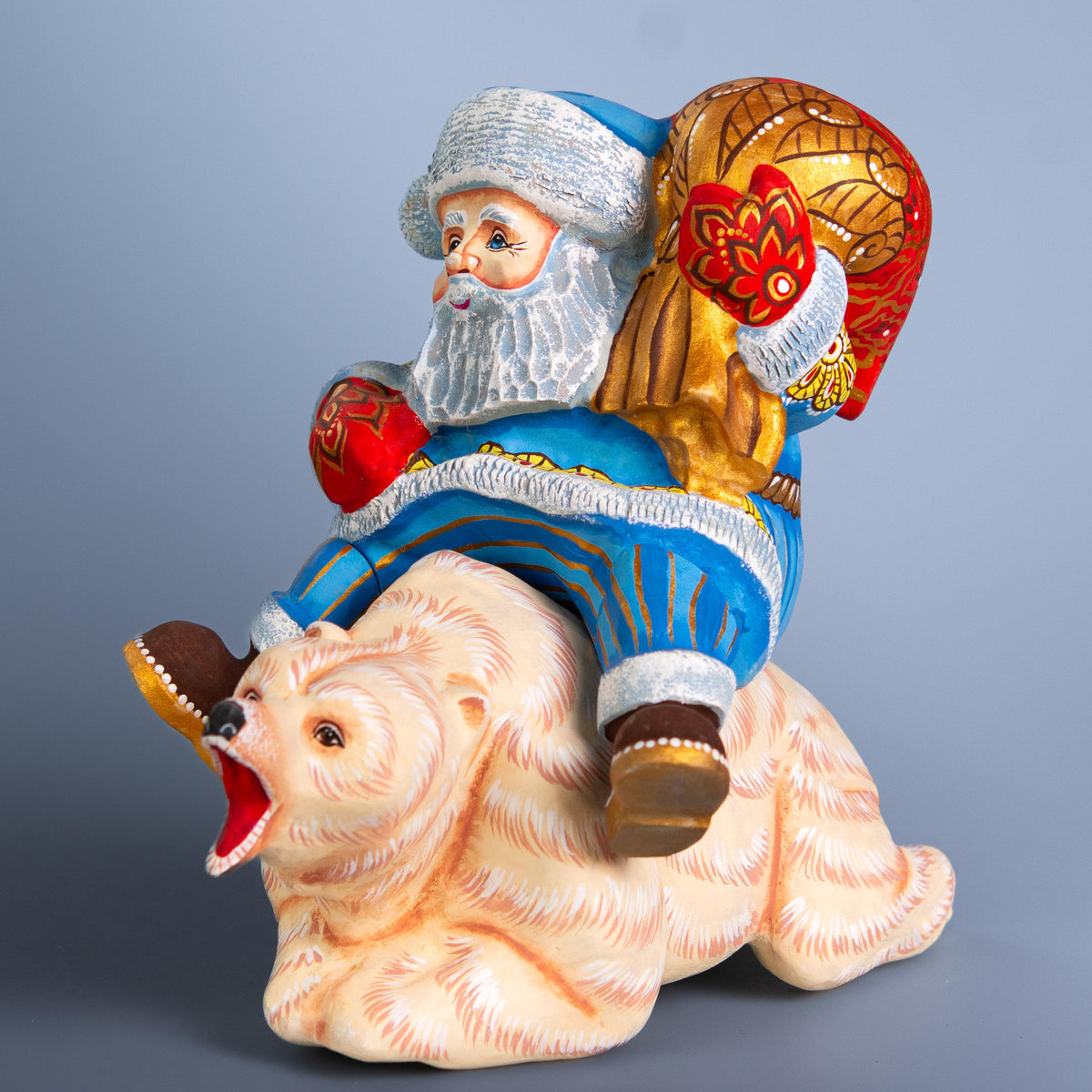 Arctic Santa wooden figurine 8 inch, polar bear ride, Christmas centerpiece