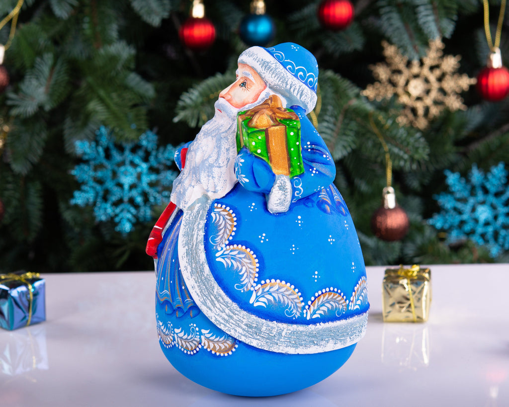 Hand carved blue Santa wooden figurine 7 inch, gift boxes, Christmas mantel decor