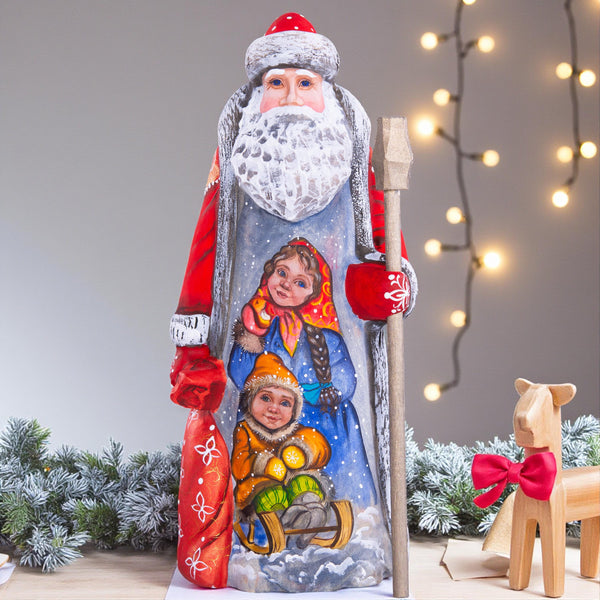 Collectible wooden Santa figurine 9 inch, nostalgic kids winter scene, mantel Christmas decor