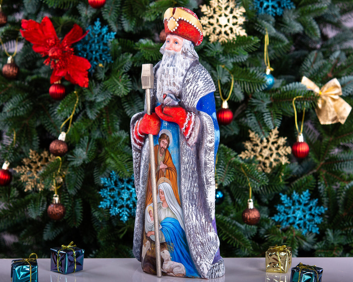 Wooden Old World Santa 12.9 inch, Holy Family nativity, religious Christmas mantel centerpiece