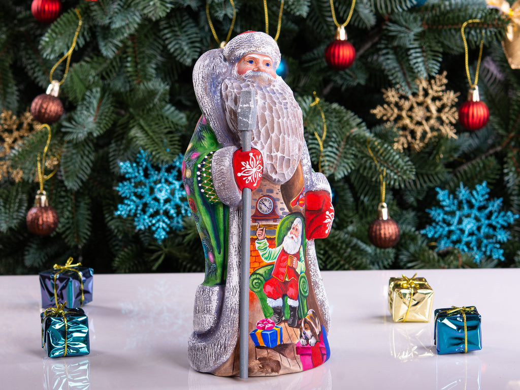 Collectible Santa Claus wood figure 9.3 inch, Christmas tree backdrop, festive mantel piece