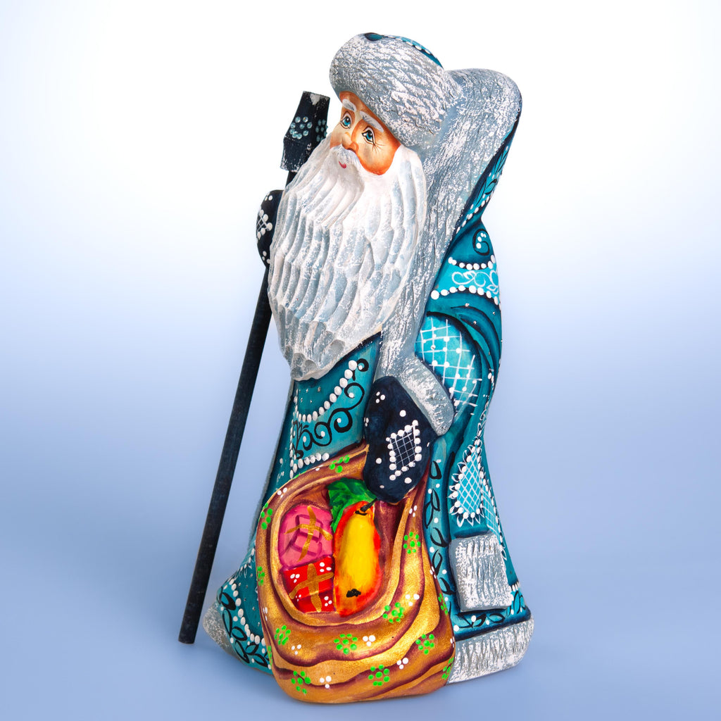 Hand carved teal Santa wooden figurine 9.1 inch, toy sack, mantel decor
