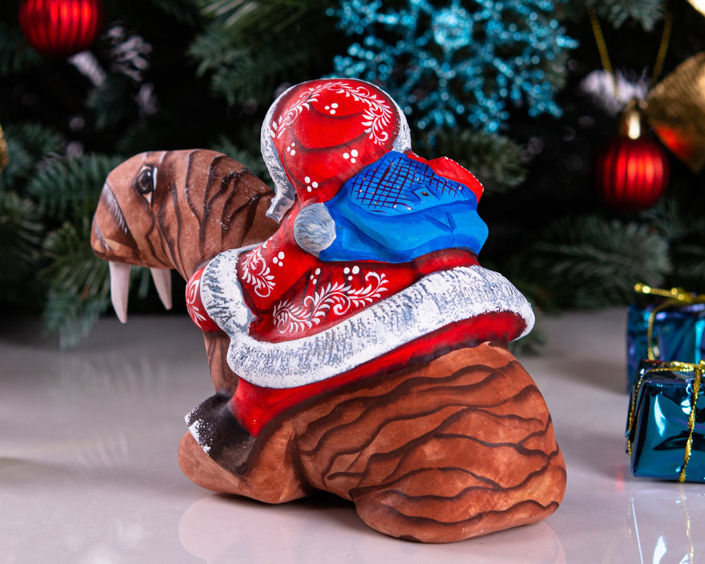 Hand Carved Wooden Santa Claus Figurine: Funny Walrus Christmas Decor