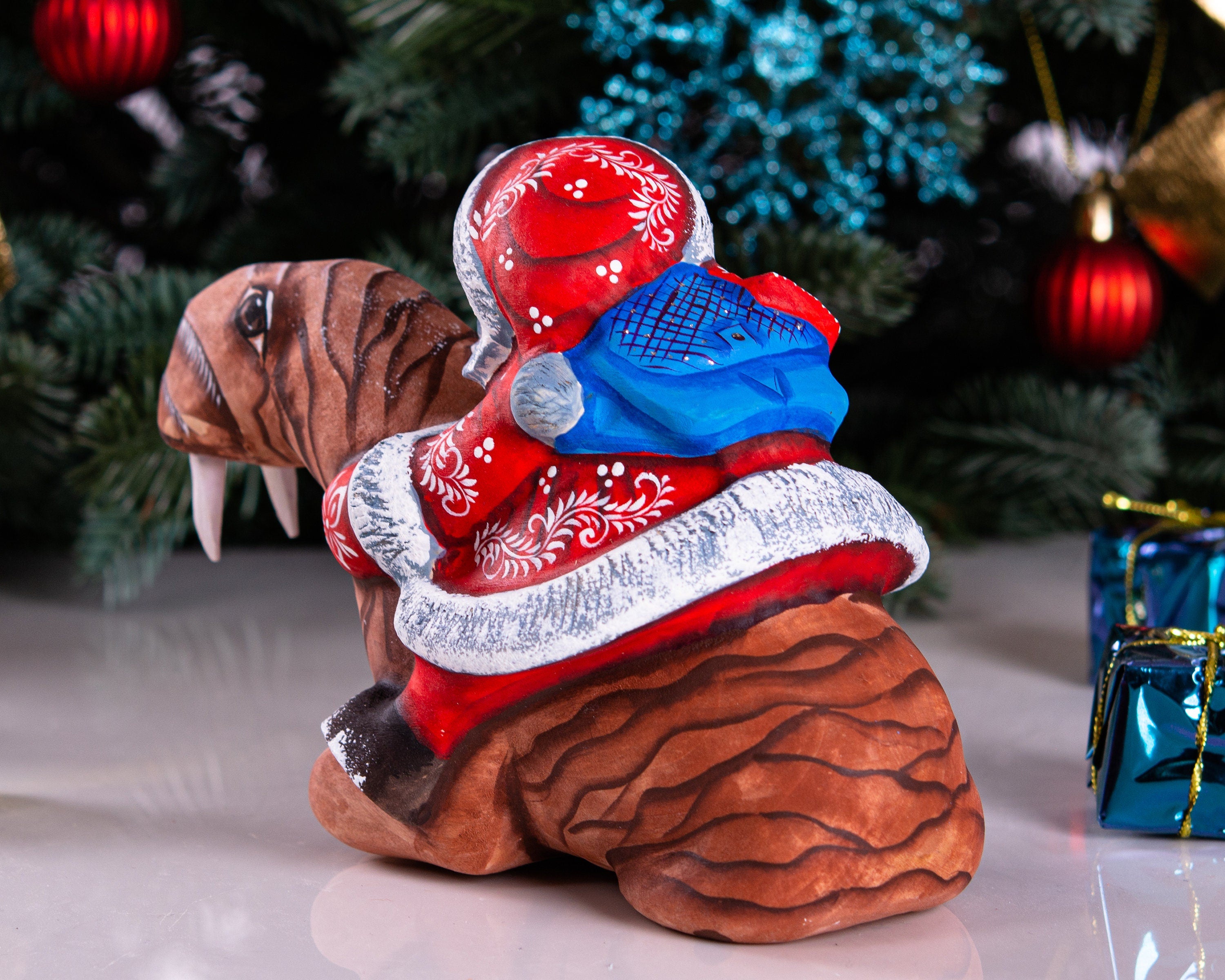 Hand Carved Wooden Santa Claus Figurine: Funny Walrus Christmas Decor