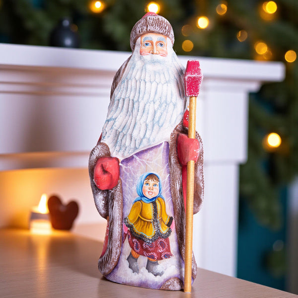 Hand carved Russian Santa figurine 8.7 inch, winter girl scene, Christmas mantel decor