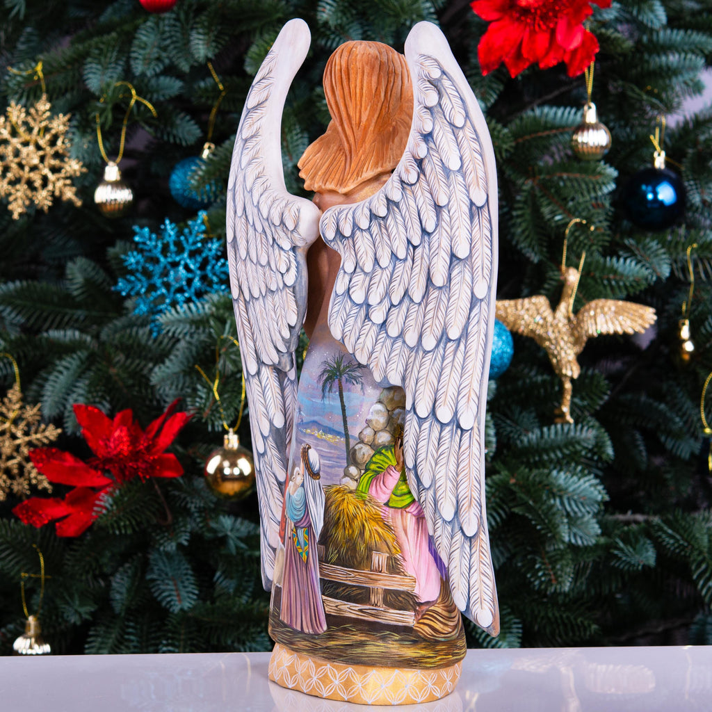 Wooden Angel Statue 12.9", Hand Carved, Nativity Art, Christian Decor