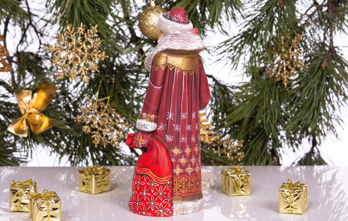 Kris Kringle hand carved wooden figurine 9 inch, gift sack & staff, Christmas home accent
