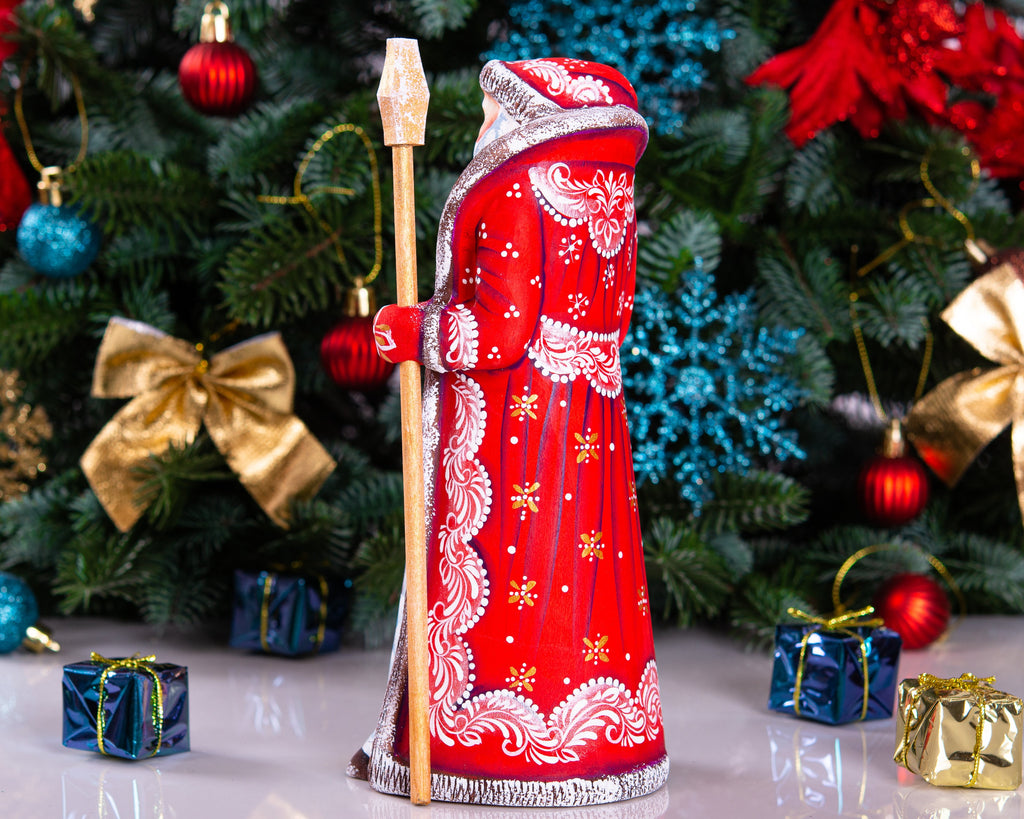 Russian Santa wooden figurine 9 inch, snow covered cottages painting, classic Christmas mantel display