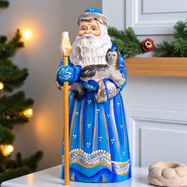 Collectible Santa figurine, cat lover holiday mantel decor, 9.1 inch