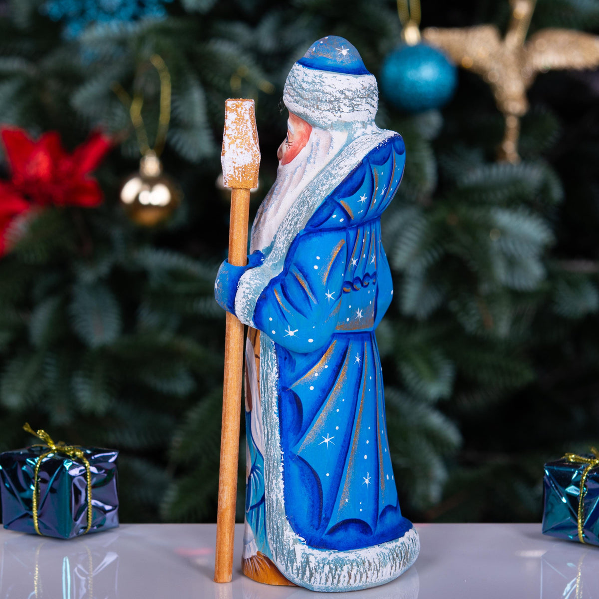 Blue Coat Santa Figurine 7", Nativity Scene, Old World Folk Art