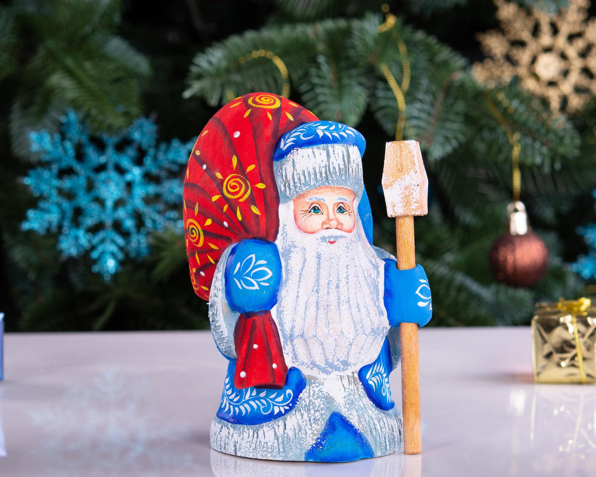 Hand Carved Wood Santa Figurine: Blue Coat Folk Art Collectible