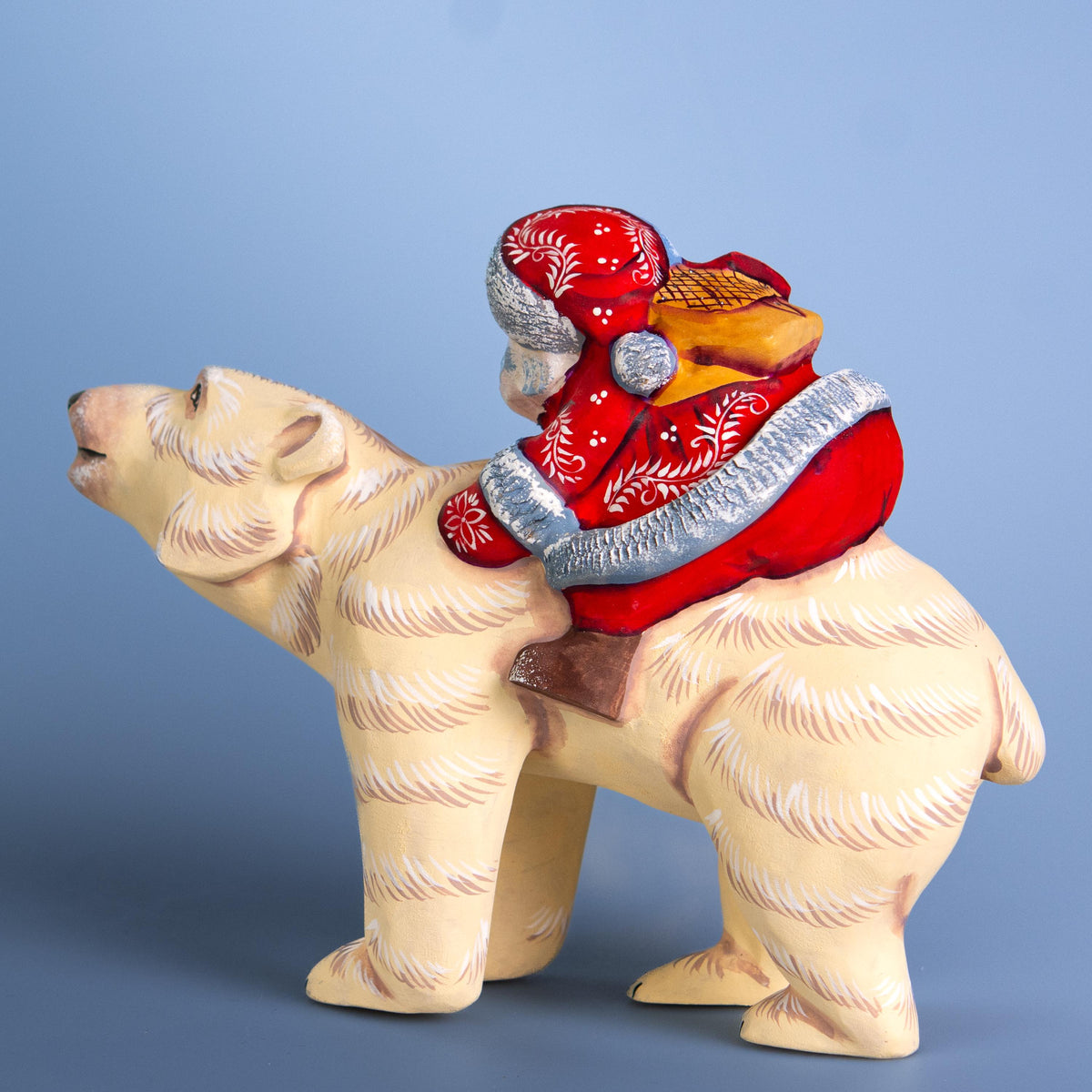 Hand-Carved Wooden Santa Riding Bear Figurine: Christmas Holiday Decor