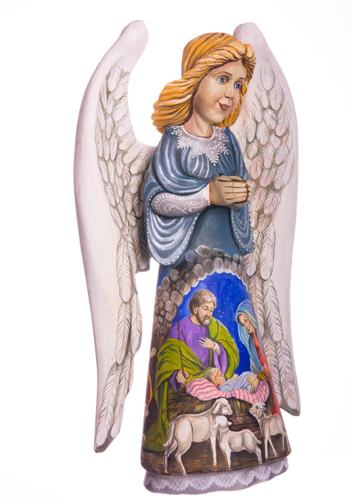 Hand carved angel figurine 12.9 inch, Holy Family Nativity, mantel display
