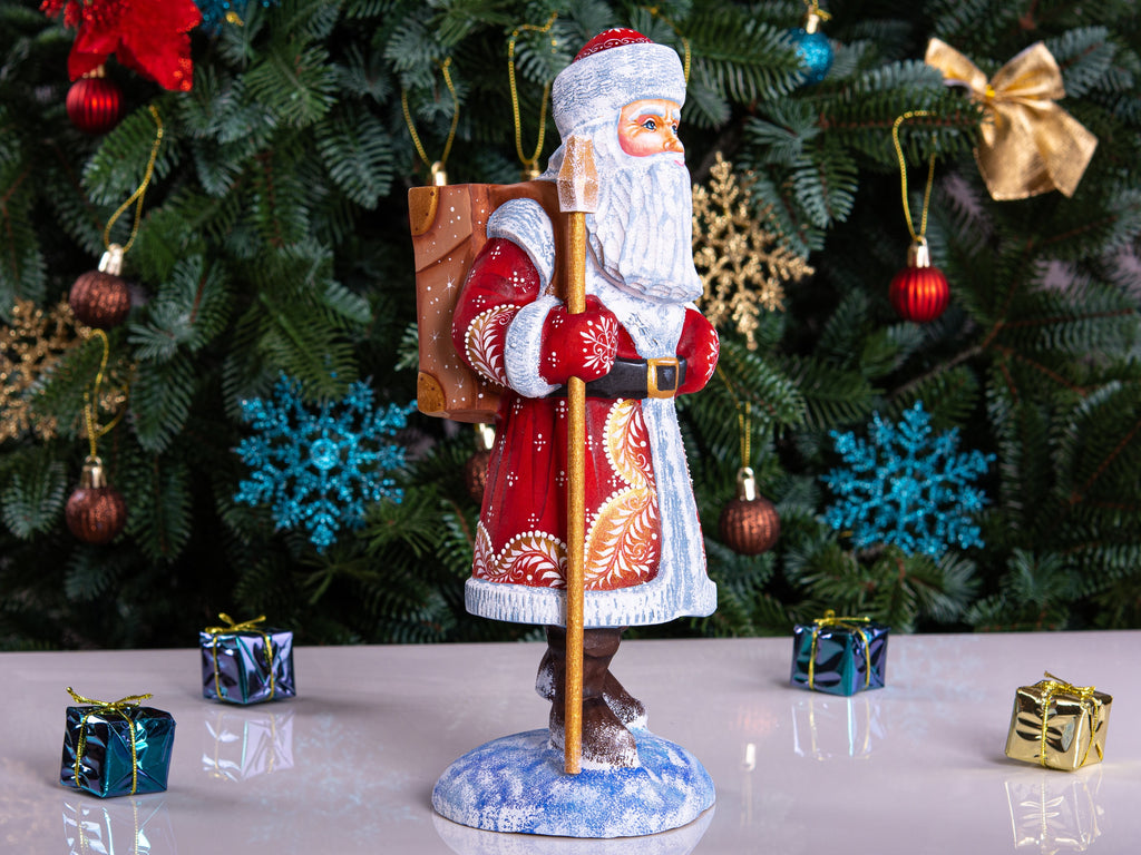 Hand carved wooden Santa figurine 11 inch, with backpack and staff, Christmas mantel decor