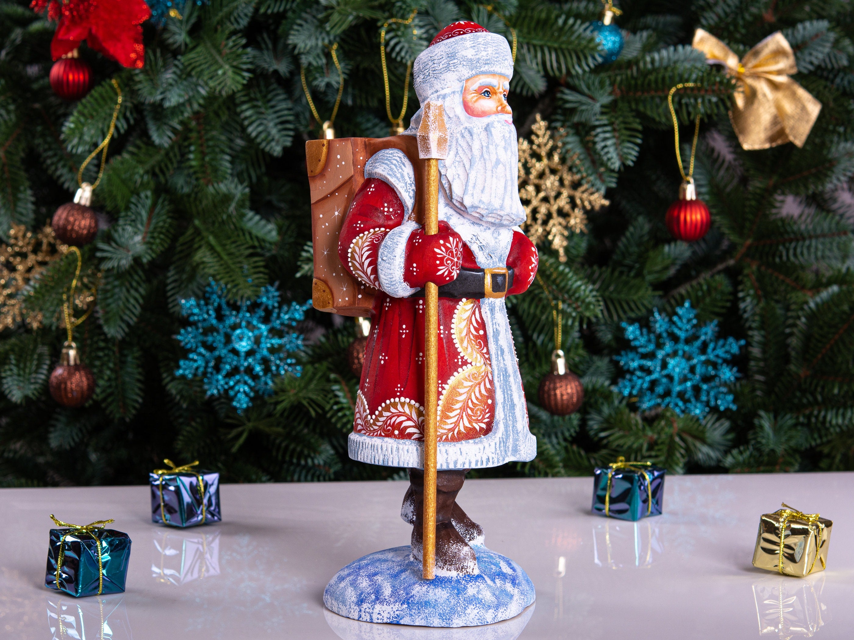 Hand carved wooden Santa figurine 11 inch, with backpack and staff, Christmas mantel decor