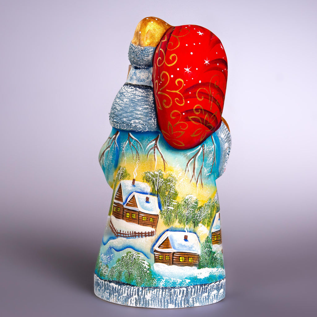 Hand Carved Santa Figurine 8 inch: Snowy Village, Golden Church - Signed Collectible