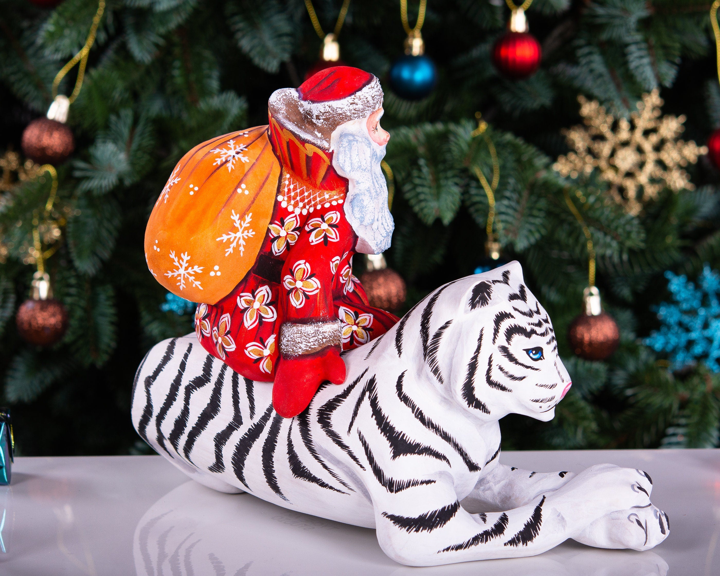 Hand carved wooden Santa riding white tiger figurine, unique Christmas home decor