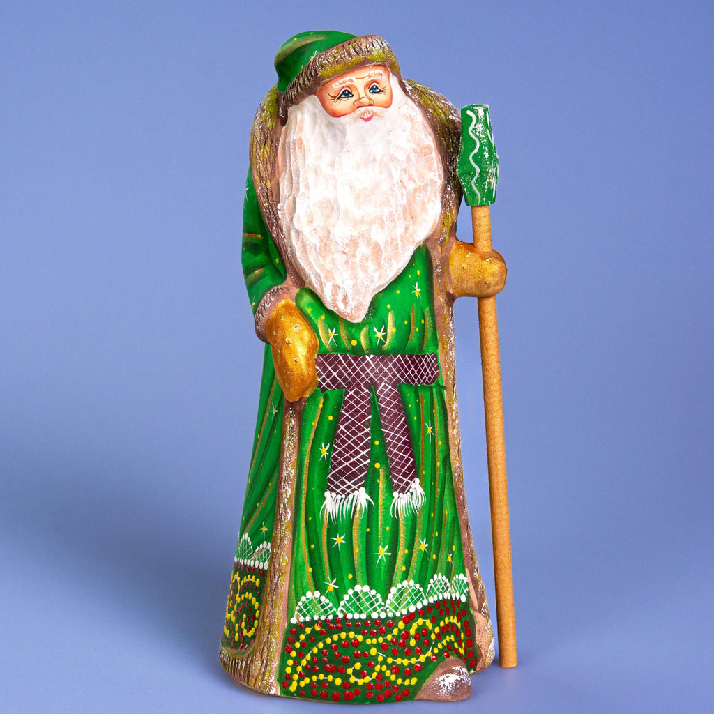 Hand carved green Santa wooden figurine 8.7 inch, Christmas mantel display decor