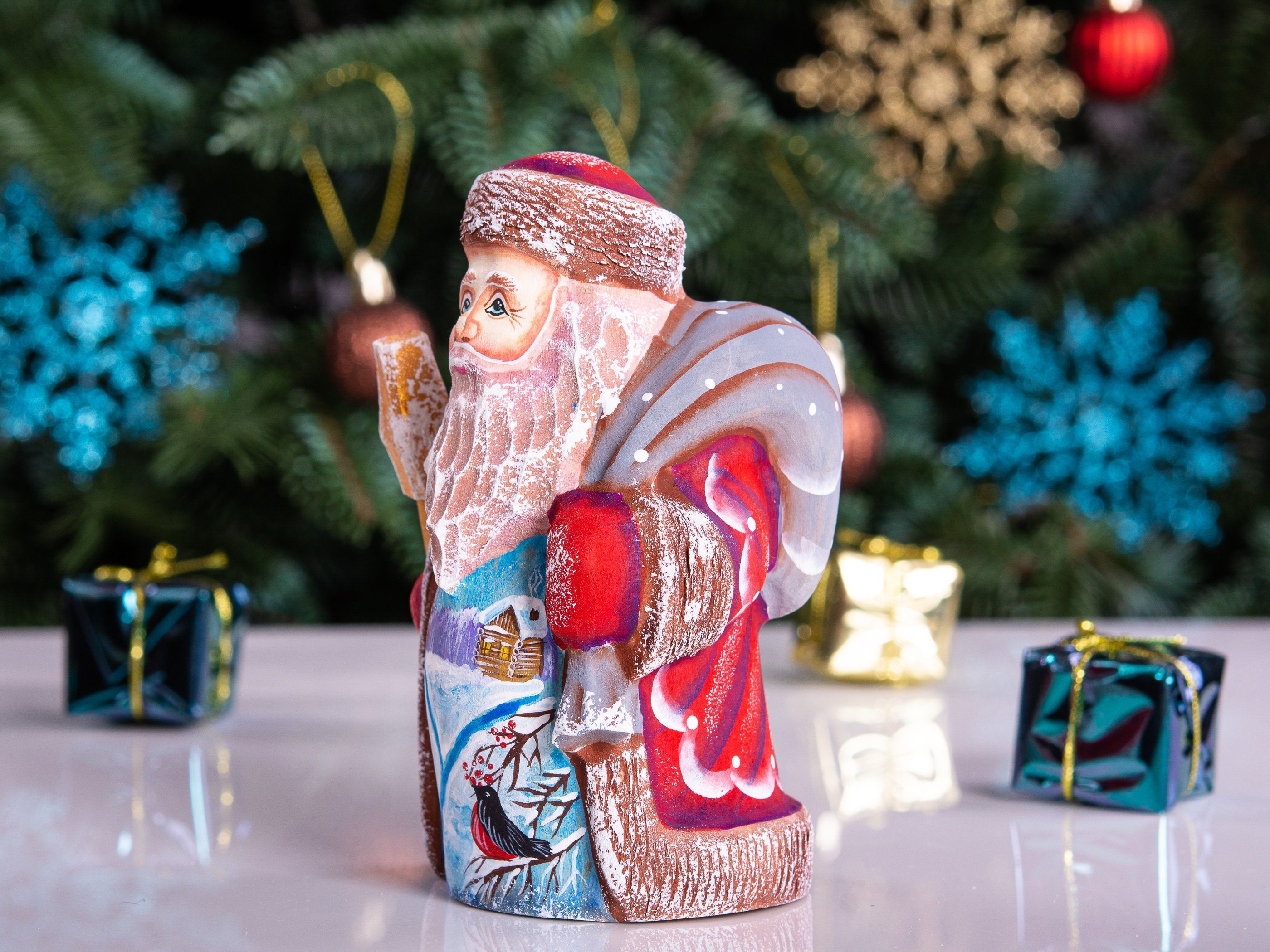 Small Santa Claus wooden figurine 5 inch, snowy forest painting, collectible holiday decor