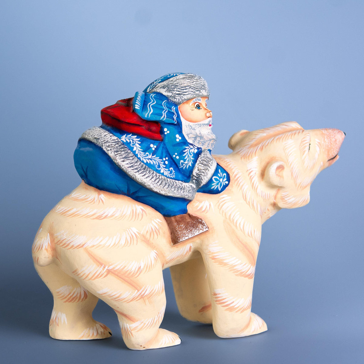 Old World Santa Riding Bear Figurine 9 inch Long, Hand Carved Wood