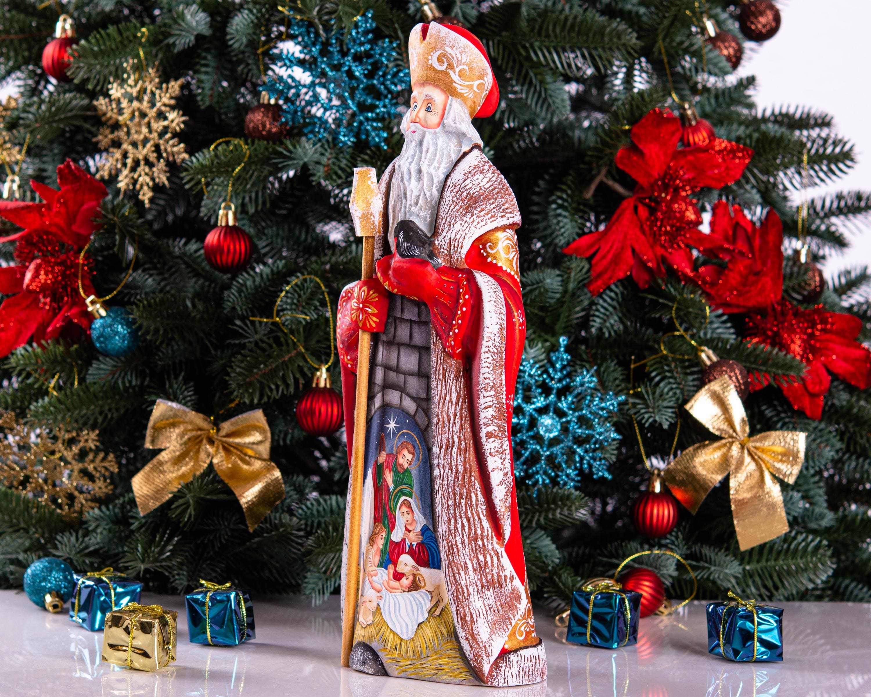 Saint Nicholas with Nativity Statue 12.9", Hand Carved Wood