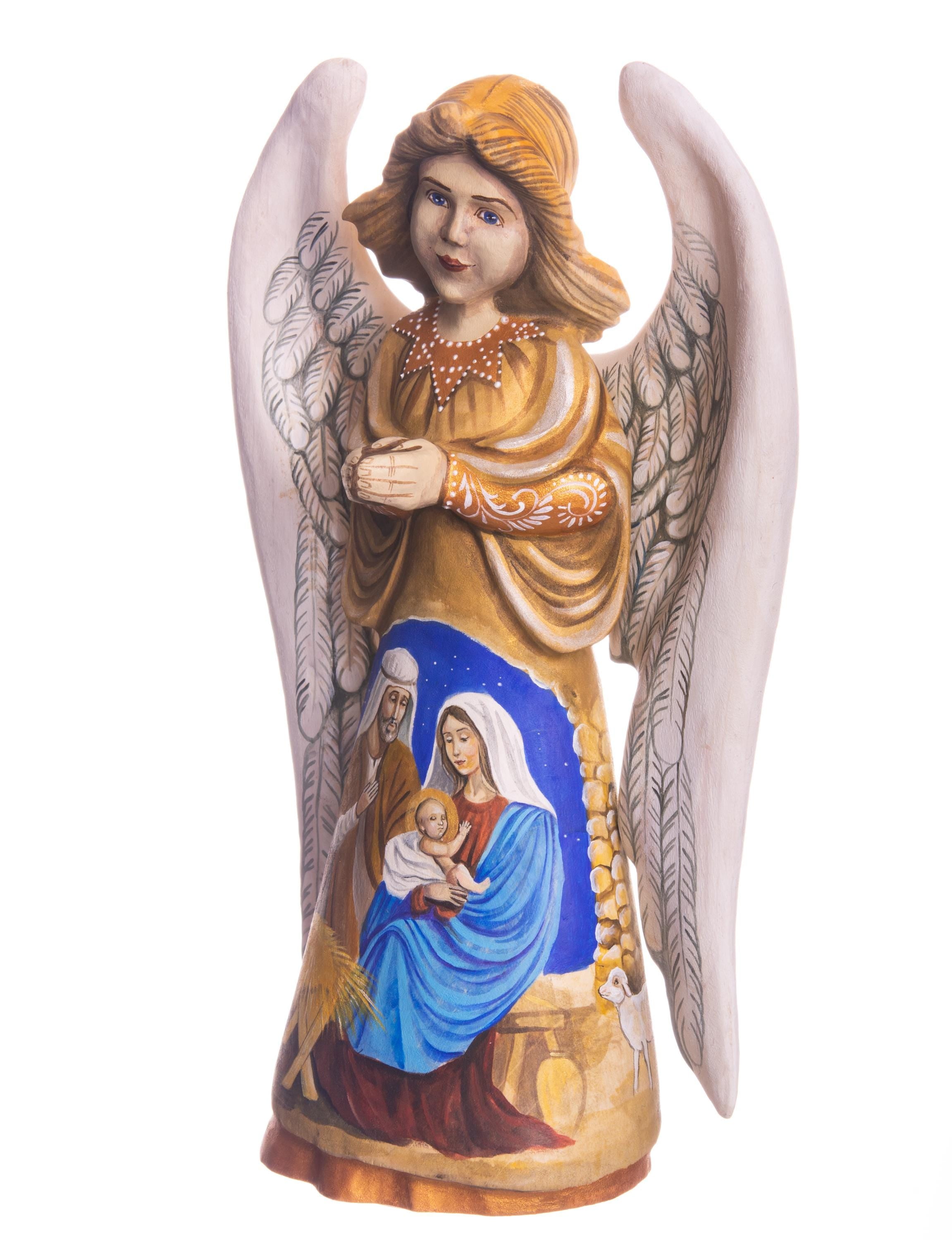 Hand carved angel figurine 9.5 inch, Holy Family Nativity display