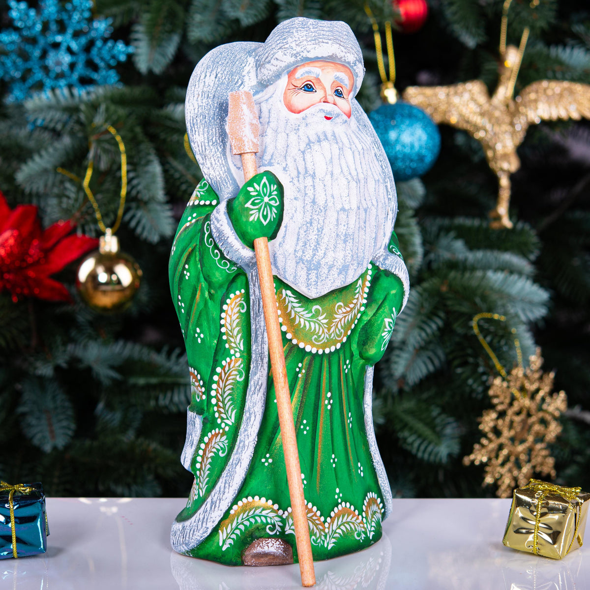 Green Santa wooden figurine 9.5 inch, hand carved Christmas mantel decor