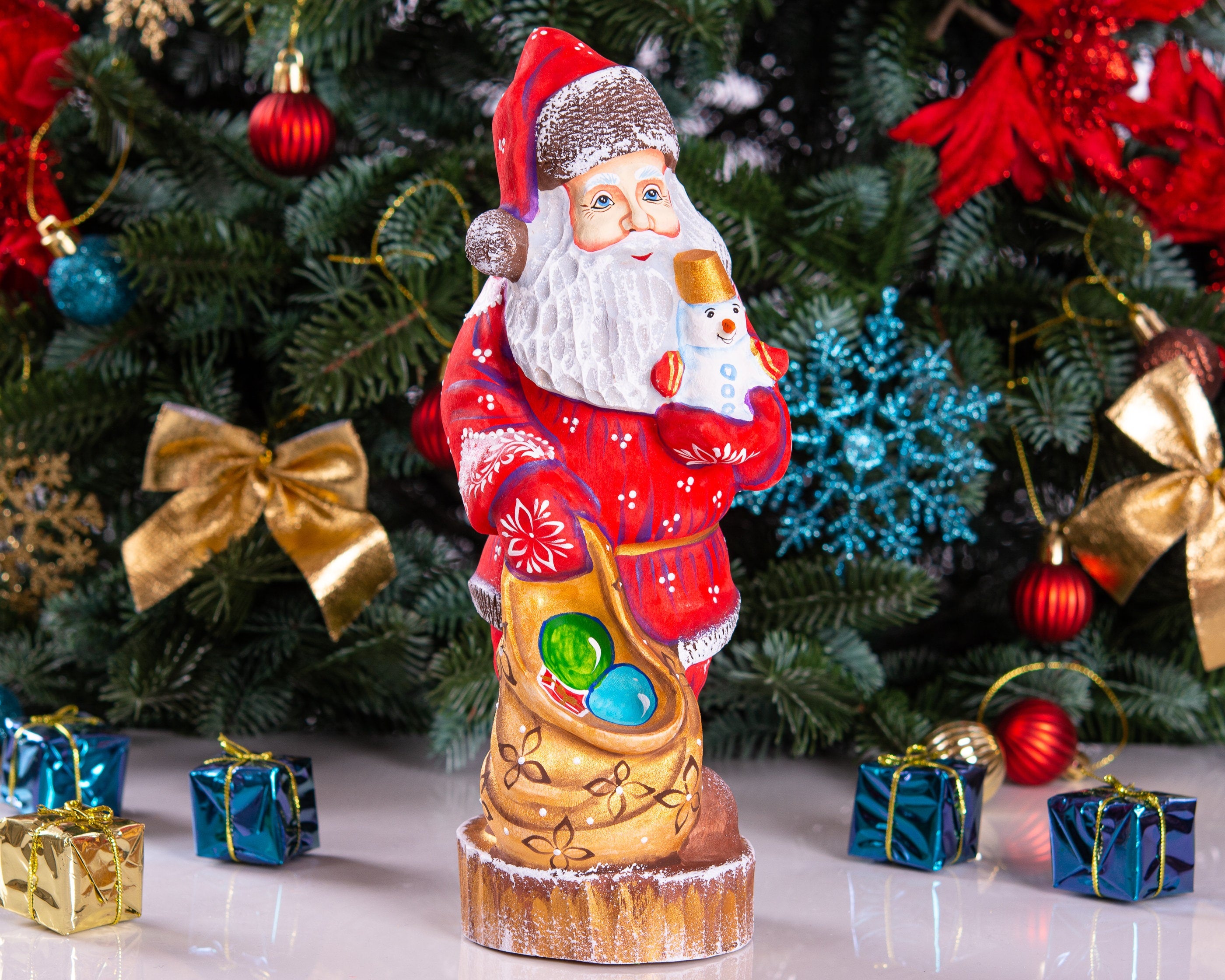 Old World Santa figurine 9.5 inch, carved wood, snowman figure, tabletop centerpiece decor